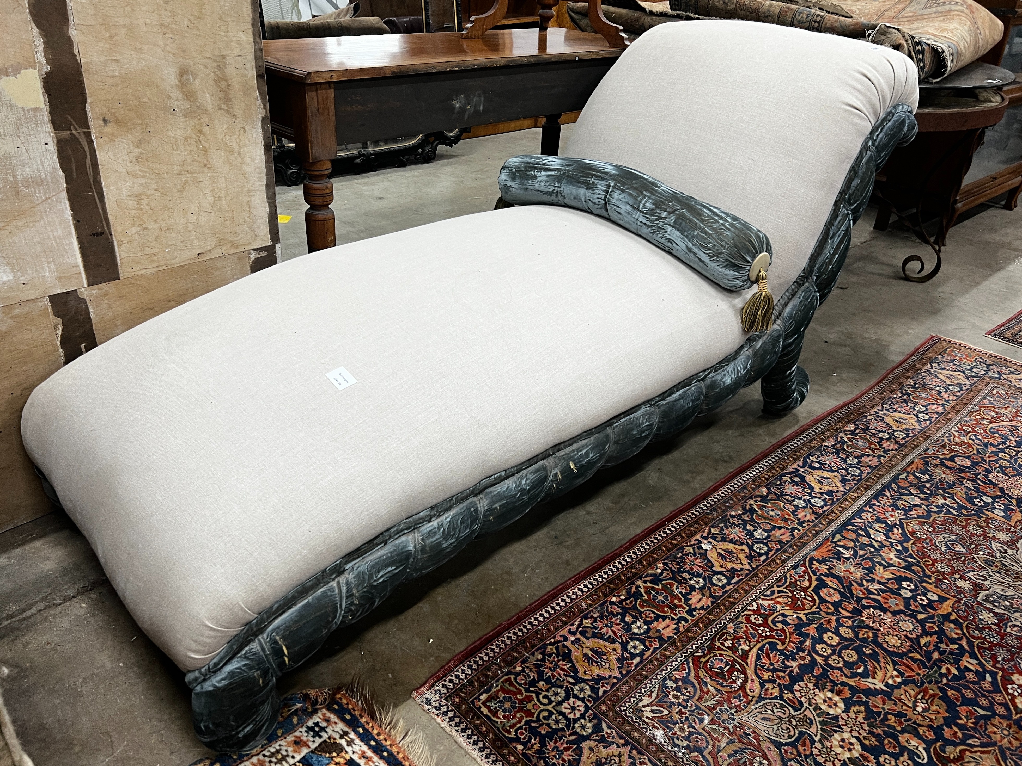 A Victorian daybed re-upholstered in natural linen fabric and turquoise velvet, width 70cm, length 180cm, height 84cm